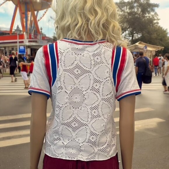 Free People XSmall Mimi TShirt Short Sleeve Top White Red Blue Mesh Crochet XS - Picture 5 of 10